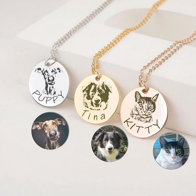 Personalized Pet Portrait Necklace - Silver, Gold, Rose Gold Engravable Dog & Cat Jewelry