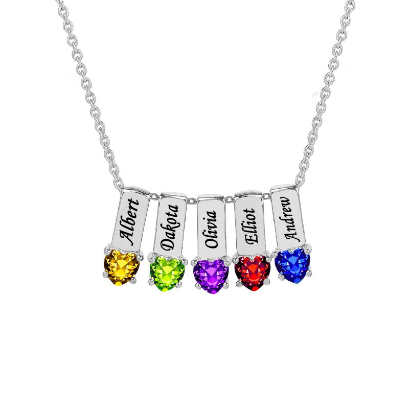 Personalized Family Charm Pendant with Heart-Shaped Birthstones - Sterling Silver Custom Necklace