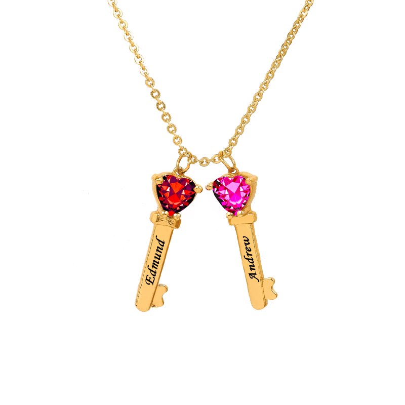 Personalized Family Key-Shaped Charm Pendant with Heart Birthstones
