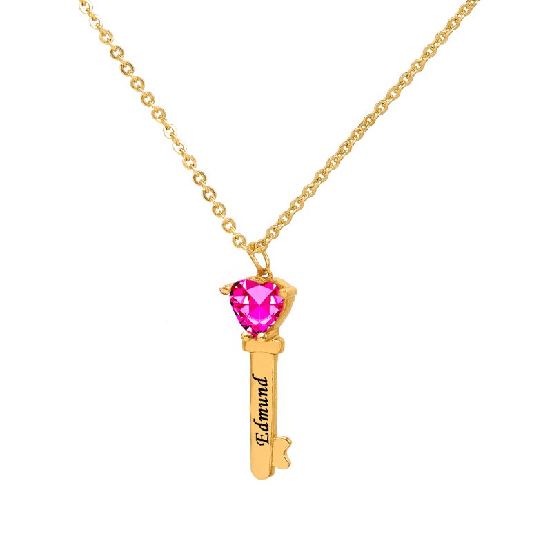 Personalized Family Key-Shaped Charm Pendant with Heart Birthstones - Customizable