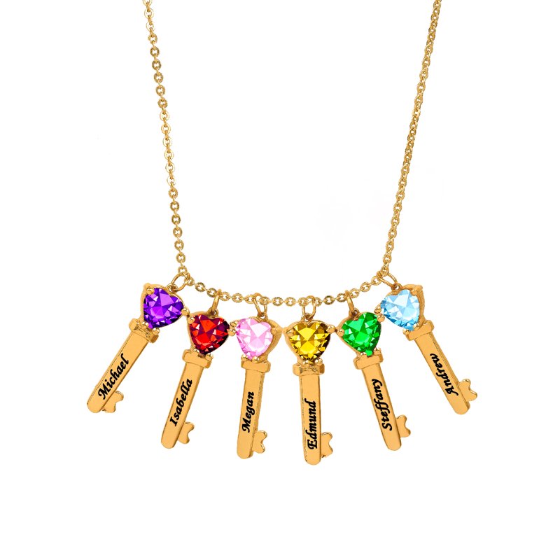 Personalized Family Key-Shaped Charm Pendant with Birthstones - Gift for Mom & Grandma