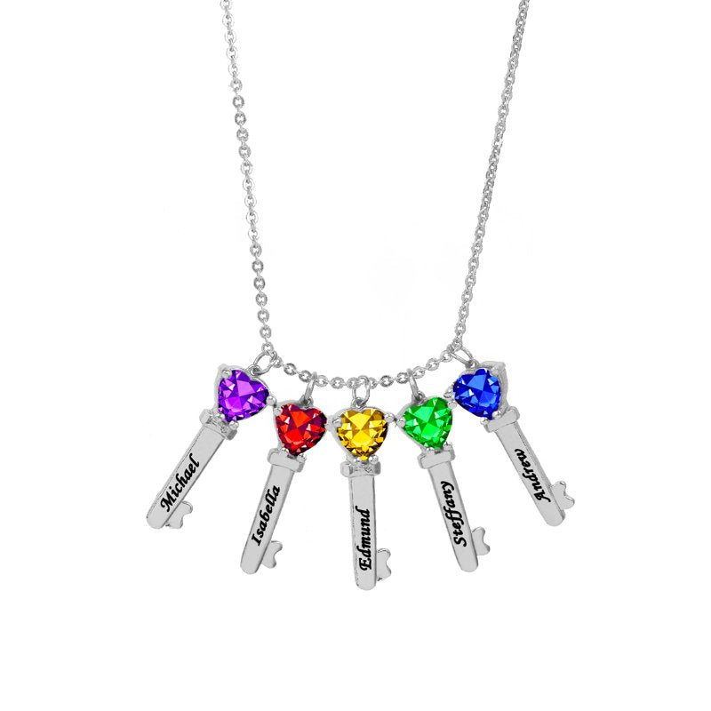 Personalized Family Key-Shaped Charm Pendant with Birthstones - Custom Gift