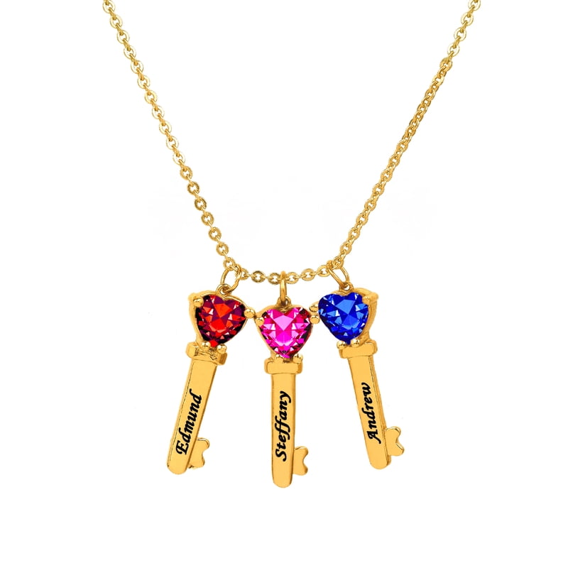 Personalized Family Key-Shaped Charm Pendant with Heart Birthstones
