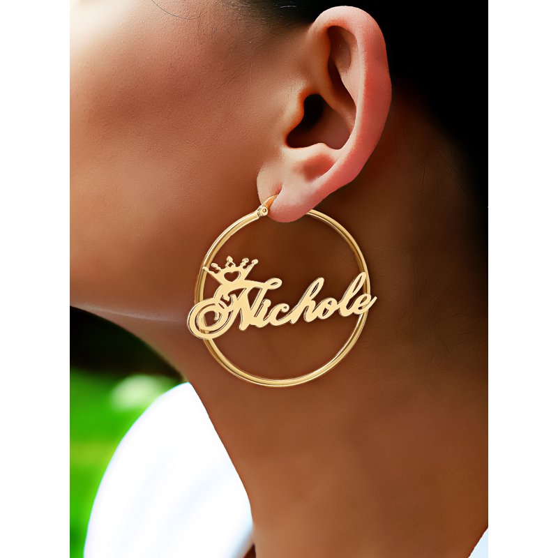 Personalized Hoop Crown Name Earrings - Gold or Silver Plated, Customizable