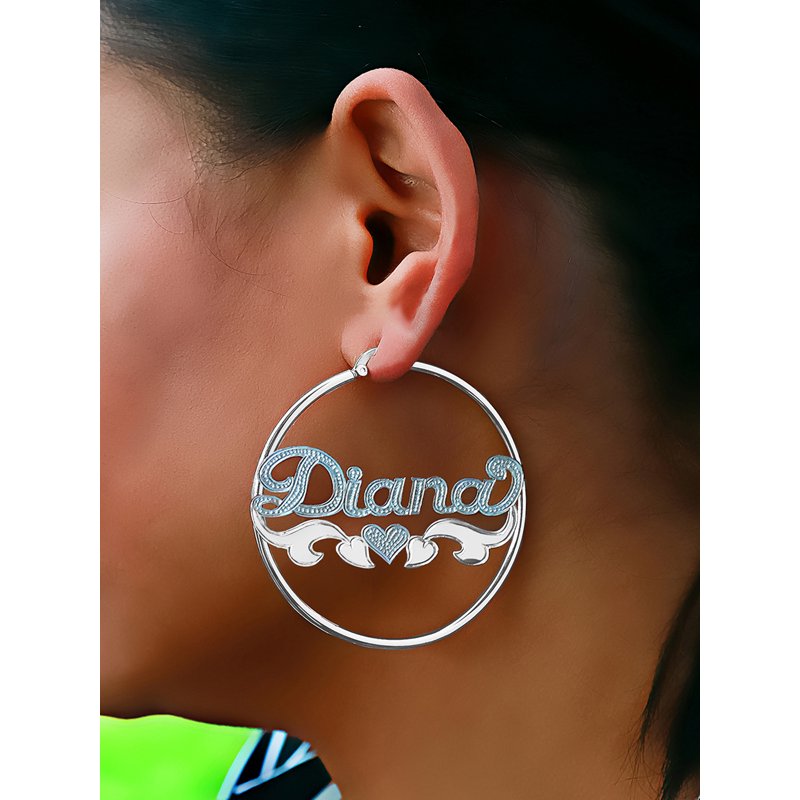 Personalized Hoop Name Earrings with Beading and Rhodium Finish for Women