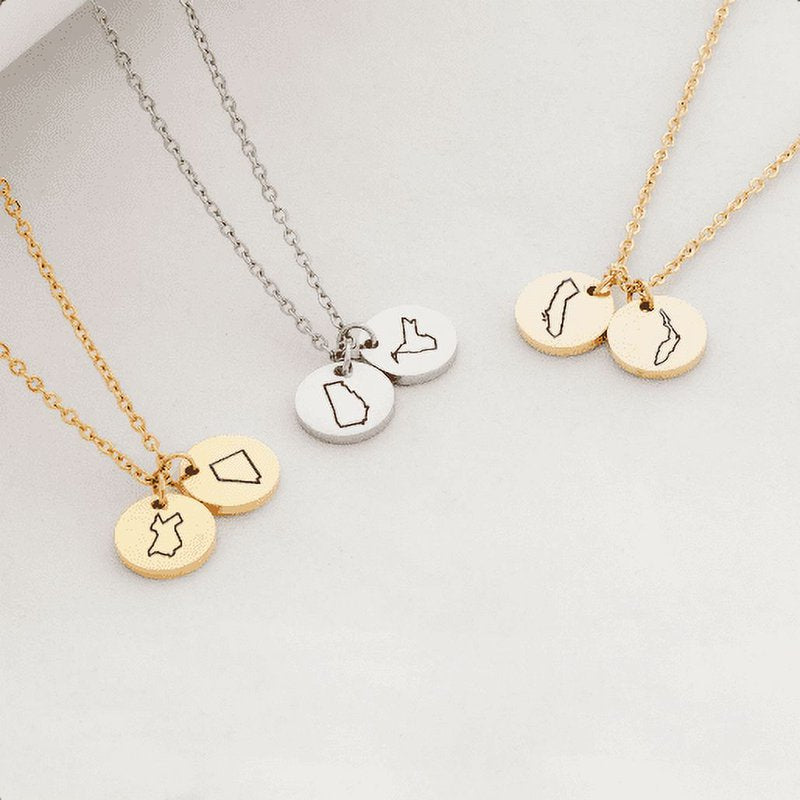 Personalized Long Distance State Necklace Engraved Round Jewelry Gift for Her