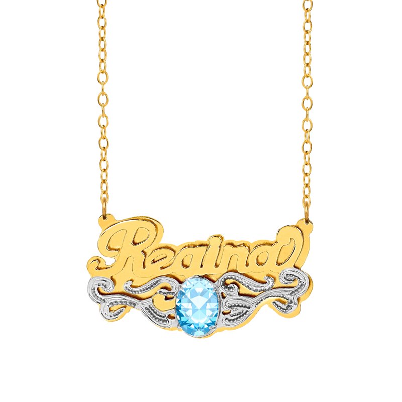 Personalized Sterling Silver Birthstone Name Necklace with Beaded Rhodium Tail