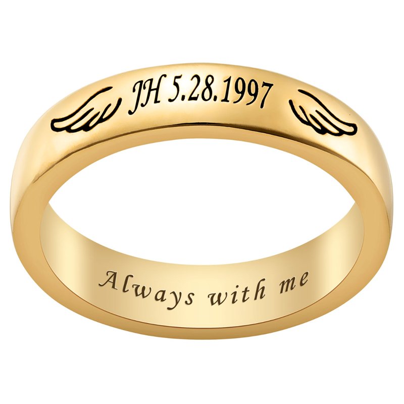 Personalized Angel Wing Memorial Ring - 14K Gold Plated Engraved Women's Jewelry