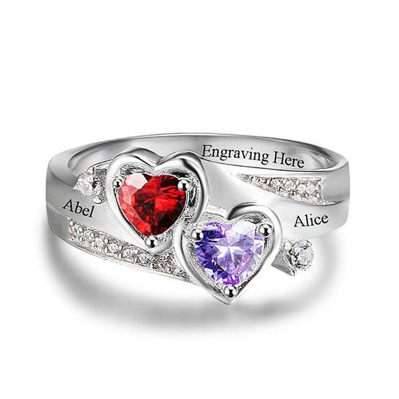 Personalized Couples Sterling Silver Heart Birthstone CZ Ring - Engraved Valentine Gift