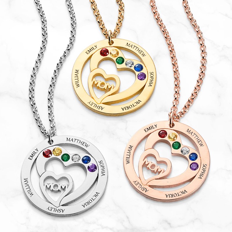 Personalized Birthstone Mom Necklace with Engraved Names Heart Pendant - Gift for Mothers