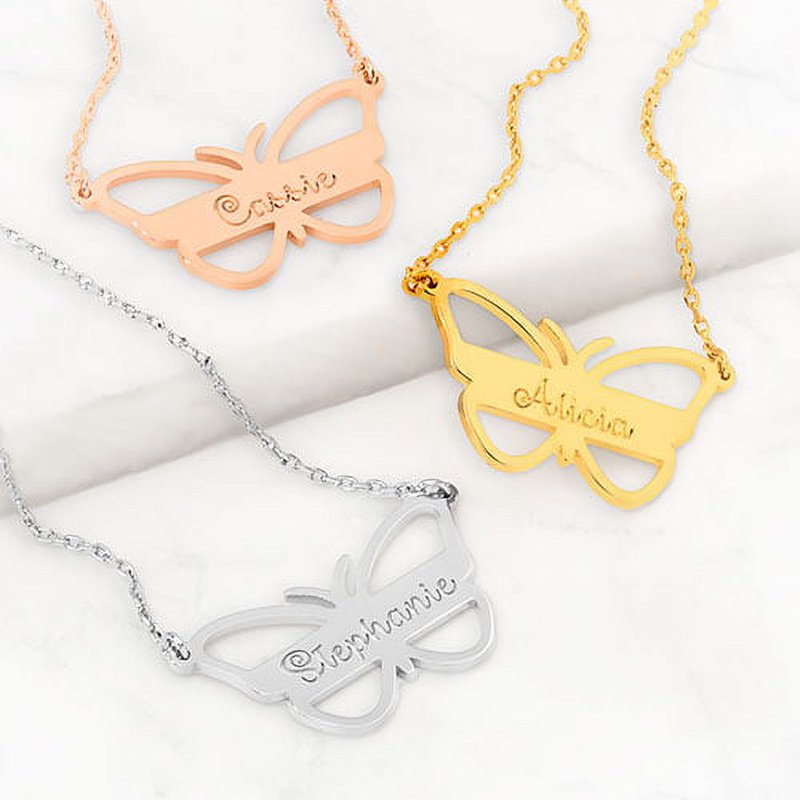Personalized Butterfly Necklace - Engraved Women's Pendant, 18" Chain