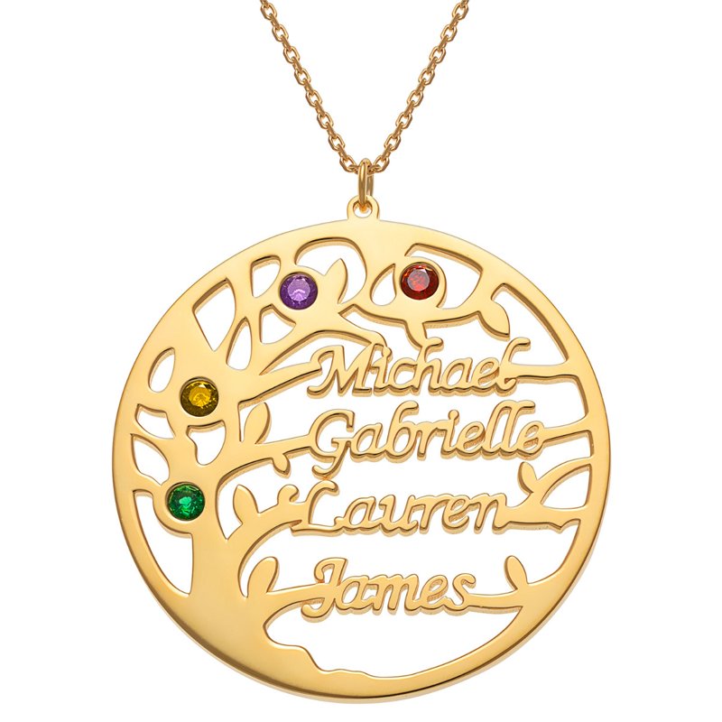Personalized Family Tree Necklace with Birthstones - Gold Plated Women's Jewelry