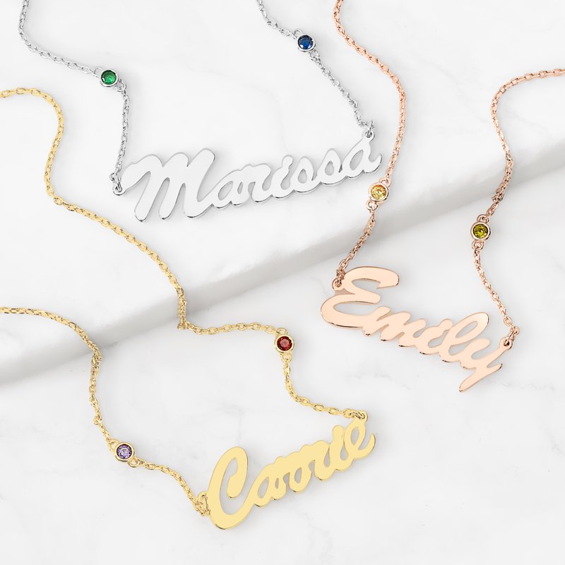 Personalized Birthstone Necklace for Women - Script Name Pendant in Gold Silver Rose Gold