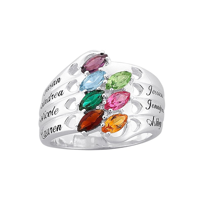 Personalized Family Birthstone Ring with Names & Austrian Crystals - Silver Tone