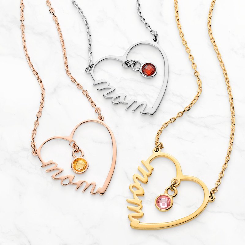 Personalized Mom Heart Necklace with Birthstone - Mother's Day Gift