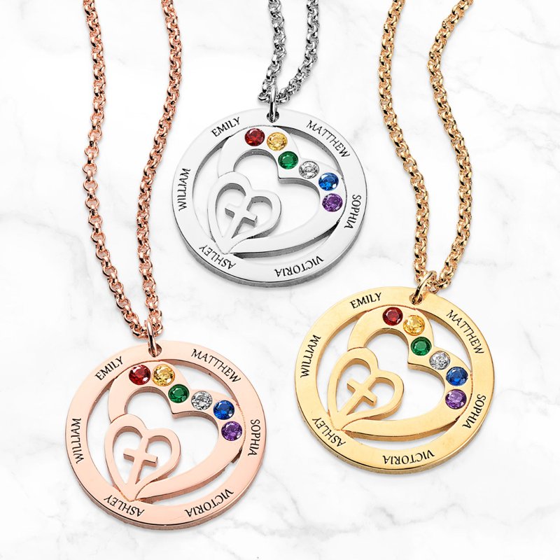 Personalized Name and Birthstone Necklace with Cross Heart - Custom Faith Jewelry for Women