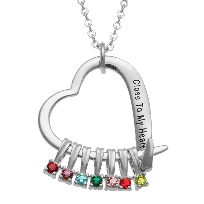Personalized Heart Birthstone Necklace - Engraved Family Slider Pendant
