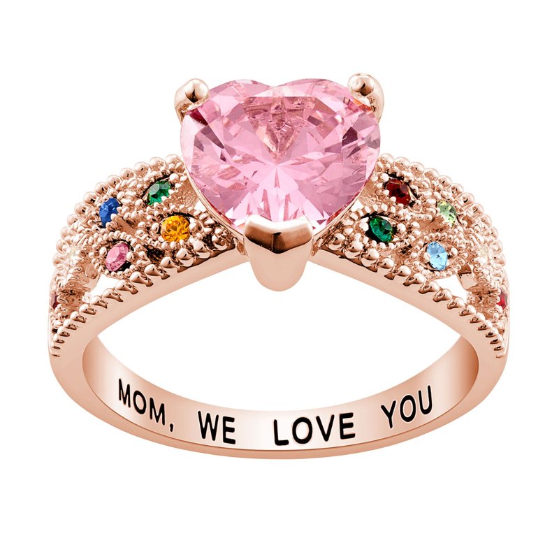 Personalized Family Heart Birthstone Ring Rose Gold Plated Customizable Jewelry