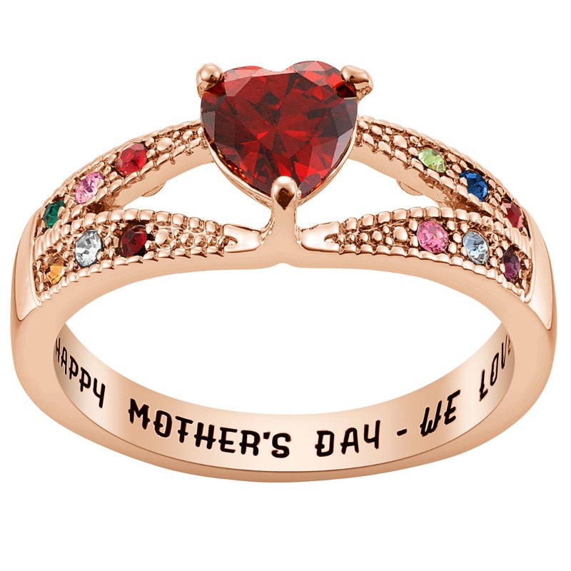 Personalized Rose Gold Heart Birthstone Family Ring - Custom Engraved Jewelry