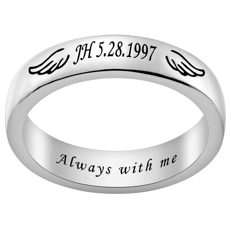 Personalized Silver Plated Engraved Angel Wing Memorial Ring for Women