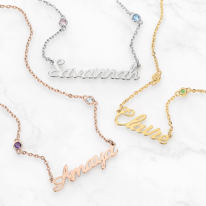 Personalized Silver Name Necklace with Birthstones - Custom Script Jewelry for Women