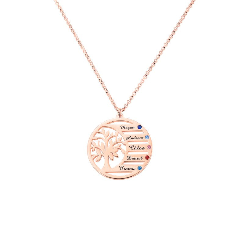 Personalized Family Birthstone Necklace with Tree of Life Pendant and Engraved Names