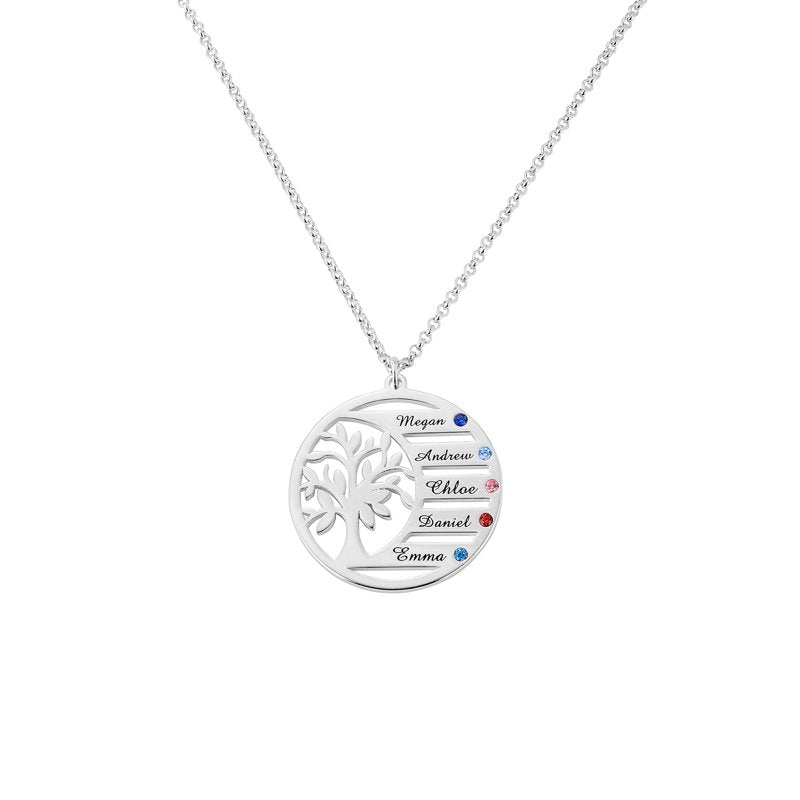 Personalized Family Birthstone Necklace with Tree of Life Pendant - Custom Engraved Names & CZ Birthstones