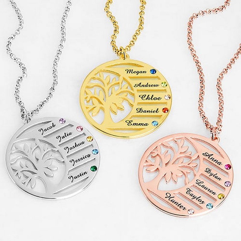 Personalized Family Birthstone Necklace with Engraved Tree of Life Pendant