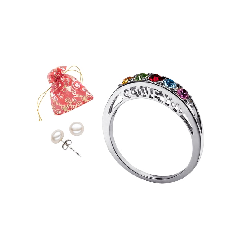 Personalized Women's Rhodium Plated Brass Ring & Pearl Earrings Set - Custom Birthstone Jewelry, Pack of 3