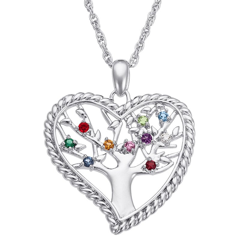 Personalized Family Heart Birthstone Pendant Necklace - Silver or Goldtone, 20" Chain
