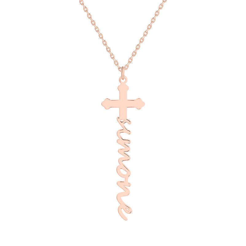 Personalized Script Name Cross Necklace in Sterling Silver, Gold or Rose Gold - Custom Religious Pendant with Chain