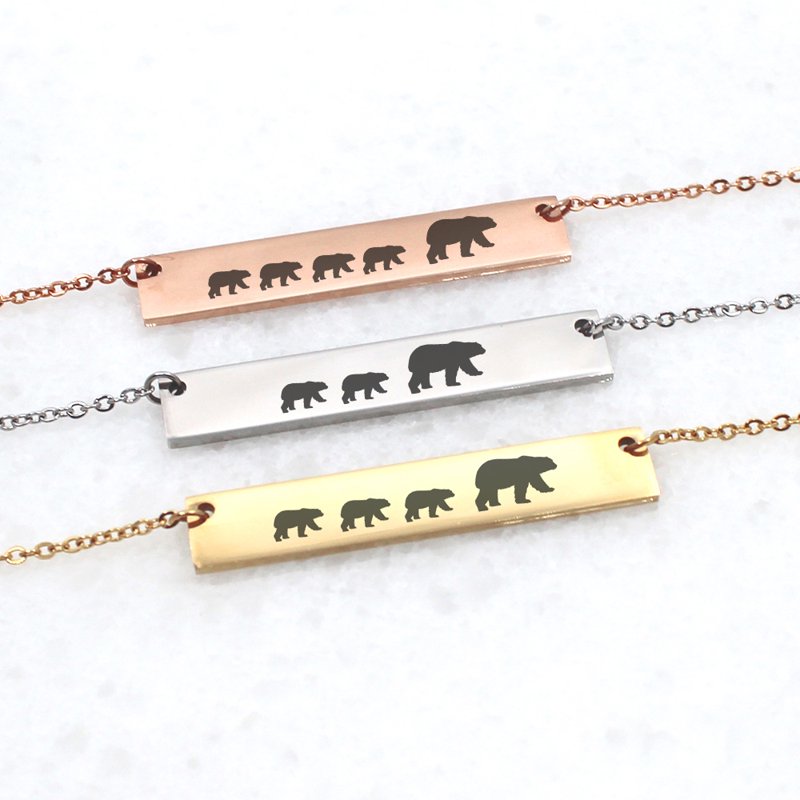Personalized Mama Bear Cub Necklace - Custom Engraved Family Jewelry - Stainless Steel Gift for Mom in Rose Gold, Silver, Gold