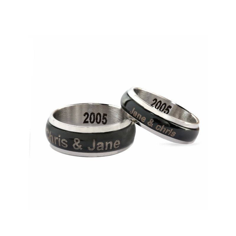 Personalized Stainless Steel Couples Spinner Ring with Black Enamel - Custom Engraved Promise Jewelry