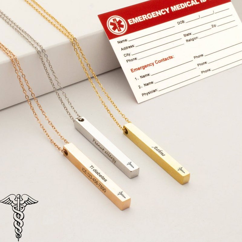 Personalized Medical Alert Necklace - Engravable 4-Sided Bar ID Jewelry in Multiple Colors