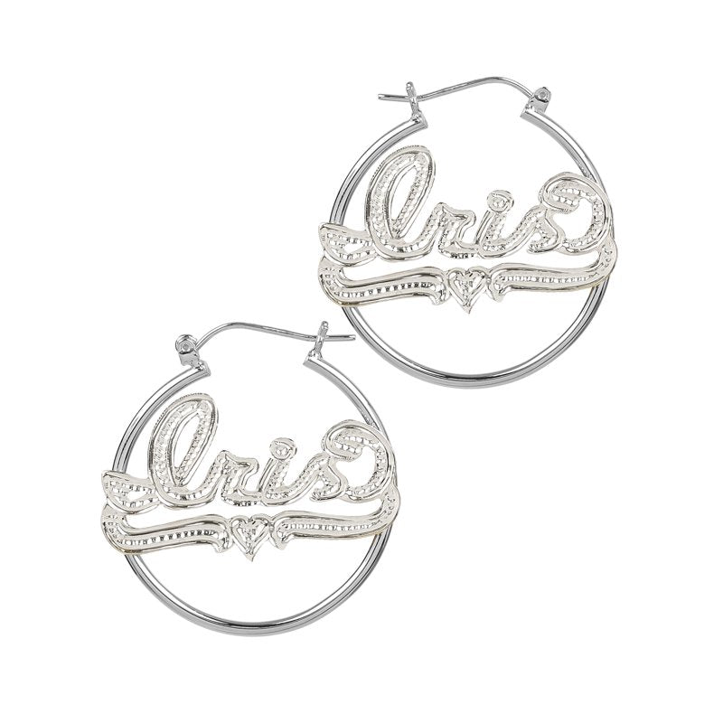 Sterling Silver Personalized Hoop Earrings with Beading & Rhodium Finish