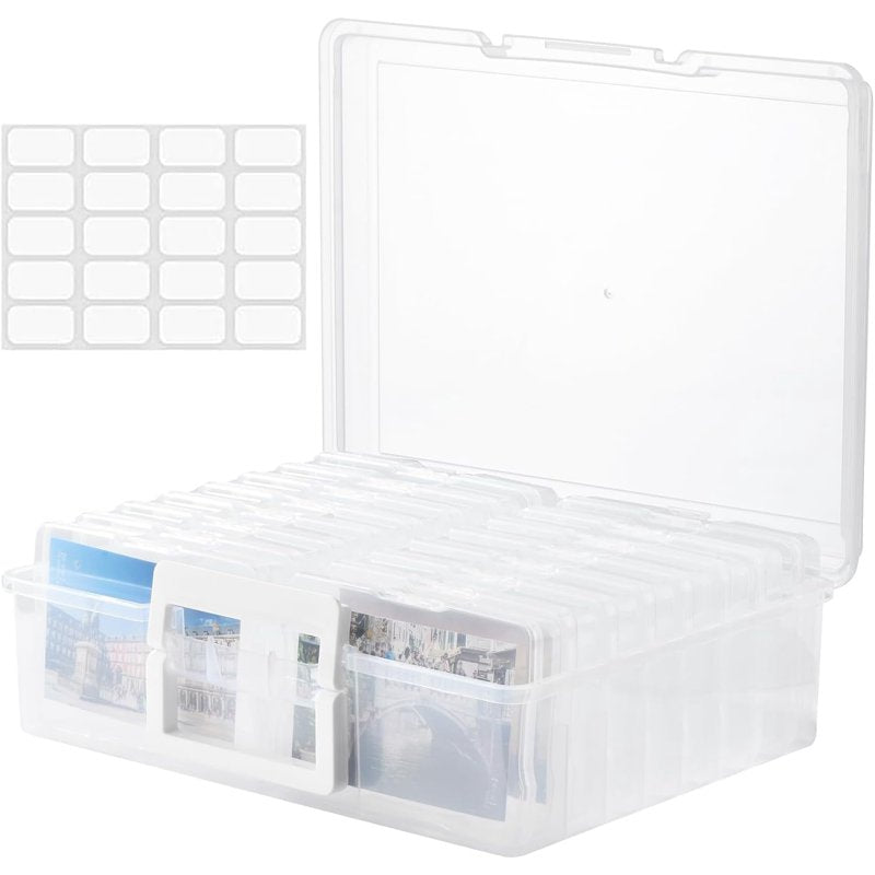 Multi-Functional Photo Storage Box with 16 Clear Photo Cases, Portable Organizer for Pictures, Crafts, and Office Supplies