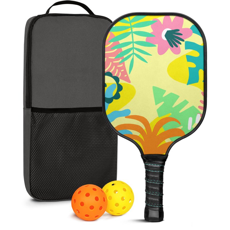 Tropical Leaf Pickleball Paddle Set (1 Paddle, 2 Balls, Bag) - Fiberglass Surface, Black-3