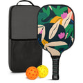 Tropical Leaf Print Pickleball Paddle Set - Fiberglass Surface, 1 Paddle, 2 Balls & Bag - Variation: Black