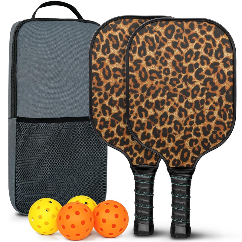 Leopard Fiberglass Pickleball Paddle Set - 2 Paddles, 4 Balls & Carry Bag (Black-2)