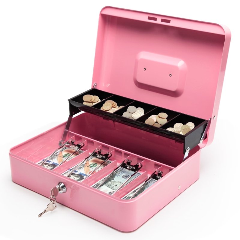 Metal Piggy Bank with Key Lock and Money Tray - Secure Cash and Jewelry, Pink & Black