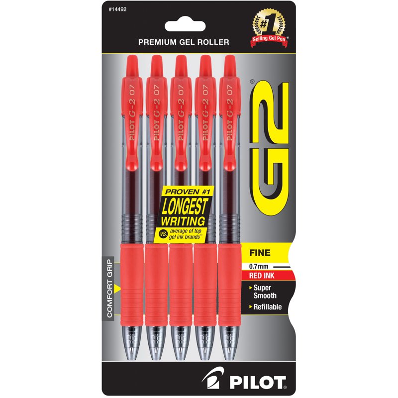 Premium Retractable Gel Pen - Fine Point Red Ink, Pack of 5