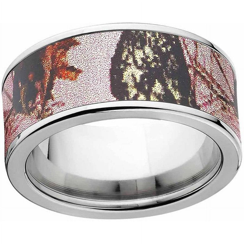 Pink Camouflage Women's Stainless Steel Ring with Polished Edges - Comfort Fit