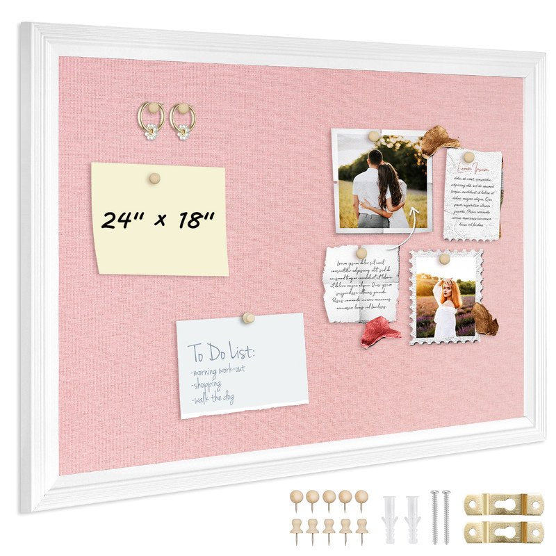 Pink Cork Bulletin Board with Linen Surface and White Wood Frame - Wall Mounted Pin Board 18x24 Inches