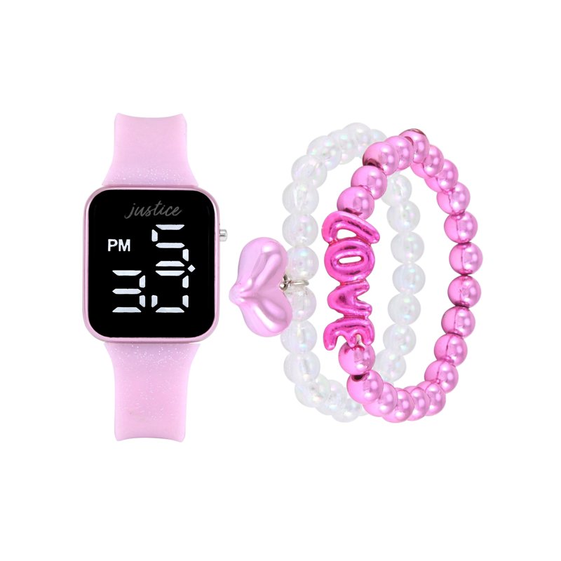 Kids Pink Glitter Silicone LED Watch with Matching Stretch Bracelets - Justice