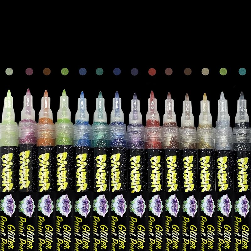 Acrylic Glitter Paint Markers - Extra Fine Tip 0.7mm, 14 Pack for Multi-Surface Art
