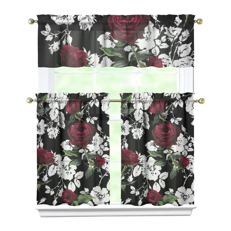 Kitchen Curtain and Valance Set 36 Inch Tier Bloom Red White Rose 3 Pieces