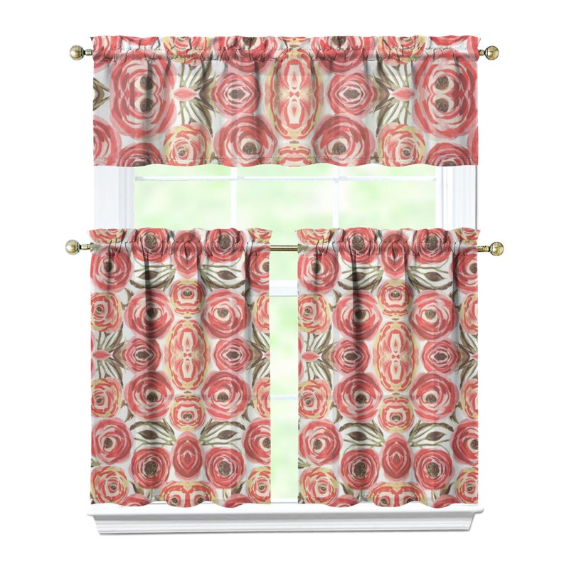 Kitchen Curtains and Valance Set 3 Pieces - Floral Red & White, 27.5 x 36 Inches
