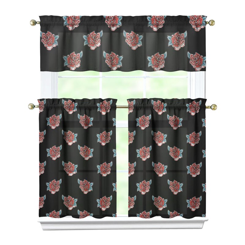 Kitchen Curtains and Valance Set 36 Inch Tier Floral Drapes for Dining Room