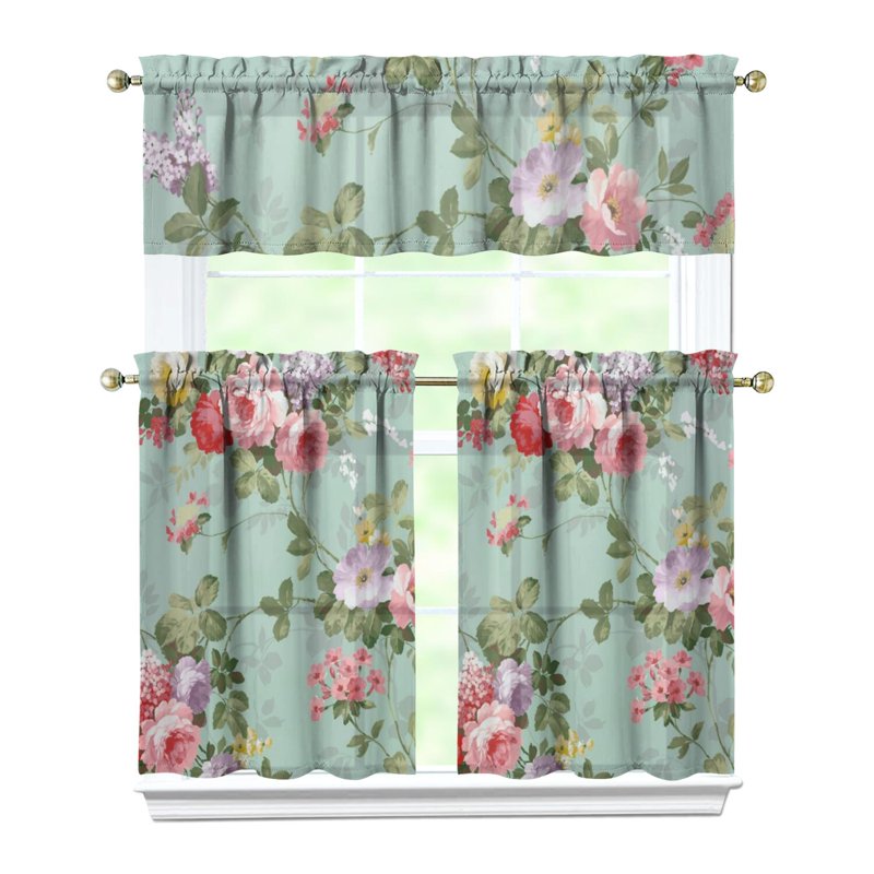 Kitchen Curtains and Valance Set - 3 Piece Vintage Rose Window Treatment