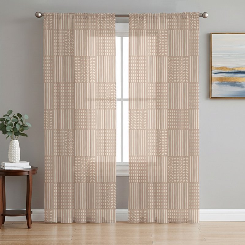 Sheer Curtain Set with Geometric Checkered Lines - Light Filtering Window Drapes for Bedroom & Living Room